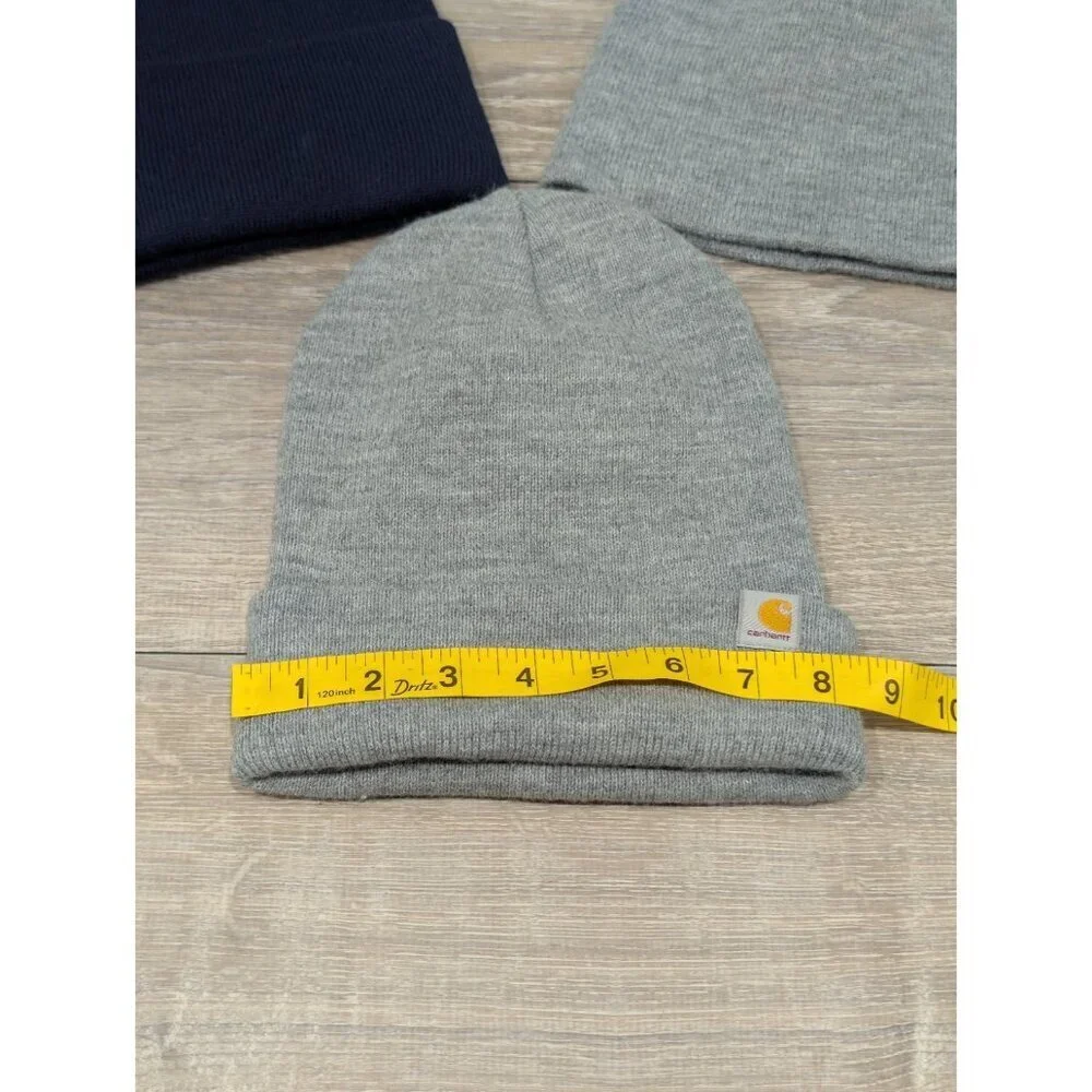 LOT OF 3 Carhartt Grey & Navy Blue Knit Cuffed Beanie Caps One Size Knit